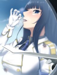 Rule 34 | 10s, 1girl, aircraft, airplane, black hair, black shirt, blue eyes, blue necktie, blunt bangs, blush, breasts, cloud, coat, collared shirt, day, epaulettes, focused, giant, giantess, gloves, highres, huge giantess, ikaruga (senran kagura), jet engine, large breasts, long hair, long sleeves, looking at viewer, necktie, open mouth, rakia (ds00309), senran kagura, shirt, solo, teeth, tongue, tongue out, train, vore, white coat, white gloves