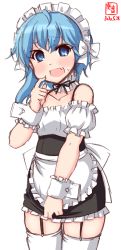 Rule 34 | 1girl, alternate costume, apron, artist logo, asymmetrical hair, black skirt, blouse, blue eyes, blue hair, commentary request, dated, detached collar, detached sleeves, enmaided, fang, frilled apron, frilled skirt, frills, garter straps, highres, kanon (kurogane knights), kantai collection, maid, minazuki (kancolle), pointing, shirt, short hair, simple background, skin fang, skindentation, skirt, smile, solo, thighhighs, waist apron, white apron, white background, white shirt, white thighhighs