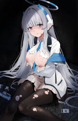 Rule 34 | 1girl, arm under breasts, between breasts, black background, black pantyhose, blue archive, blue necktie, blunt bangs, blush, breasts, collared shirt, commentary request, defeat, grey hair, halo, highres, hototogisu (7kanu 7ra), jacket, large breasts, long hair, looking at viewer, mechanical halo, necktie, necktie between breasts, nipples, noa (blue archive), off shoulder, pantyhose, pleated skirt, purple eyes, shirt, simple background, sitting, skirt, solo, tearing up, torn clothes, torn pantyhose, torn shirt, white jacket, white shirt, white skirt