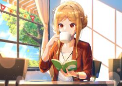 Rule 34 | 1girl, absurdres, awning, blonde hair, blurry, book, bracelet, chair, cup, curtains, day, depth of field, drinking, glass, hair bun, hair up, heart, highres, holding, holding book, holding cup, huge filesize, idolmaster, idolmaster million live!, idolmaster million live! theater days, indoors, jacket, jewelry, long hair, mazel (mazel star), momose rio, open book, pendant, plate, reading, red eyes, sidelocks, single hair bun, sitting, solo, string of flags, table, three sisters cafe (idolmaster), tree, upper body, window, window shadow