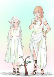 Rule 34 | 2girls, arms behind back, bangle, bracelet, closed mouth, commentary request, dress, earrings, elf, flamme (sousou no frieren), frieren, full body, gladiator sandals, green eyes, hair down, hand on own arm, hand on own chin, hand on own hip, hand up, height difference, highres, jewelry, long hair, looking at another, looking down, multiple girls, orange hair, parted bangs, pointy ears, sandals, sleeveless, sleeveless dress, sousou no frieren, standing, tree, white dress, white hair, yura0210 1017