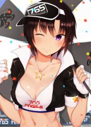 Rule 34 | 1girl, ;), breasts, brown hair, cleavage, closed mouth, collarbone, fingerless gloves, gloves, highres, holding, holding umbrella, idolmaster, idolmaster (classic), jewelry, kikuchi makoto, looking at viewer, navel, necklace, one eye closed, purple eyes, race queen, shiny skin, short hair, small breasts, smile, solo, star (symbol), star necklace, suzumo70, umbrella, upper body, white gloves