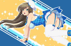 Rule 34 | 00s, 1girl, alternate costume, ass, bare shoulders, beret, blue eyes, blush, breasts, brown hair, fingerless gloves, garter straps, gloves, hair over one eye, hat, highres, large breasts, long hair, looking at viewer, minikama, open mouth, panties, pantyshot, shiny skin, sideboob, single glove, skirt, smile, solo, tales of (series), tales of the abyss, tear grants, thighhighs, thong, underwear