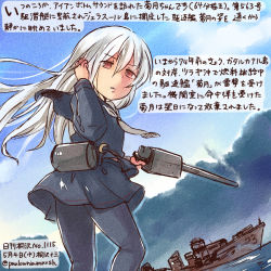 Rule 34 | 10s, 1girl, commentary request, dated, day, historical name connection, kantai collection, kikuzuki (kancolle), kirisawa juuzou, long hair, long sleeves, machinery, name connection, neckerchief, pantyhose, red eyes, school uniform, serafuku, serious, ship, solo, traditional media, translation request, twitter username, watercraft, white hair