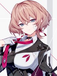 Rule 34 | 1girl, bandage on face, bandaged fingers, bandaged hand, bandages, black choker, black jacket, blue eyes, breasts, brown hair, choker, closed mouth, collared shirt, commentary request, expressionless, hair between eyes, highres, honkai (series), honkai impact 3rd, jacket, karamaru626, lantern (honkai impact), large breasts, looking at viewer, medium hair, necktie, necktie grab, neckwear grab, official art, pinstripe jacket, pinstripe pattern, red necktie, shirt, solo, torn clothes, torn shirt, upper body, white shirt