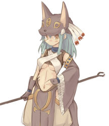 Rule 34 | 1girl, 7010, anubis (mythology), breasts, detached sleeves, green hair, hat, lowres, midriff, solo, staff, underboob, yellow eyes