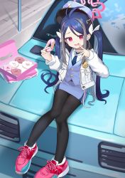Rule 34 | 1girl, antenna hair, black pantyhose, blue archive, blue hair, blue hat, blue necktie, blue skirt, blue vest, car, collared shirt, commentary request, day, doughnut, drawstring, food, fubuki (blue archive), grey hair, hair ornament, halo, hat, heart, heart hair ornament, highres, holding, holding food, jacket, long hair, long sleeves, motor vehicle, multicolored hair, nanana narang, necktie, open clothes, open jacket, outdoors, pantyhose, pastry box, peaked cap, pencil skirt, puffy long sleeves, puffy sleeves, red footwear, shirt, shoes, sitting, skirt, sleeves past wrists, solo, streaked hair, twintails, very long hair, vest, white jacket, white shirt