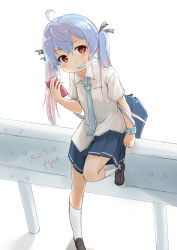 Rule 34 | 1girl, absurdres, aged up, ahoge, alternate costume, alternate hairstyle, bag, black footwear, blonde hair, blue hair, blue necktie, blue skirt, commentary request, dated, dress shirt, full body, fyuo, gradient hair, highres, kantai collection, loafers, long hair, looking at viewer, multicolored hair, necktie, one-hour drawing challenge, pleated skirt, railing, red eyes, sado (kancolle), school bag, school uniform, scrunchie, shirt, shoes, skirt, socks, solo, twintails, twitter username, white shirt, white socks, wrist scrunchie
