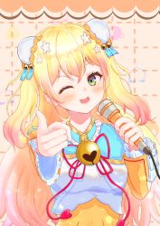 Rule 34 | 1girl, absurdres, blonde hair, blush, fang, fue (lars0713), green eyes, highres, holding, holding microphone, hololive, long hair, microphone, momosuzu nene, music, one eye closed, open mouth, pointing, pointing at viewer, singing, solo, two side up, virtual youtuber, wink