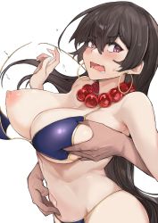 Rule 34 | 1girl, absurdres, aogumaptticrash, bare shoulders, bead necklace, beads, bikini, grabbing another&#039;s breast, breasts, brown hair, earrings, fate/grand order, fate (series), grabbing, grabbing from behind, hair between eyes, highres, hoop earrings, jewelry, large breasts, long hair, looking at viewer, necklace, nipples, one breast out, open mouth, prayer beads, purple bikini, purple eyes, solo focus, swimsuit, thighhighs, xuangzang sanzang (fate)
