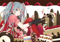 Rule 34 | 1girl, blue eyes, blue hair, cake, dress, finger to mouth, food, fruit, gloves, hair ribbon, hatsune miku, lace, lace-trimmed dress, lace trim, long hair, mia0309, puffy sleeves, red thighhighs, ribbon, sitting, strawberry, thighhighs, twintails, vocaloid