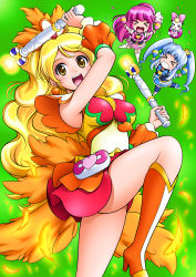 Rule 34 | &gt; &lt;, 10s, 3girls, :d, aino megumi, alternate form, black legwear, blonde hair, blue hair, blue skirt, boots, bow, brooch, chibi, closed eyes, confetti, creature, crown, cure honey, cure honey (coconut samba), cure lovely, cure princess, dual wielding, feathers, green background, happinesscharge precure!, happy, heart, heart brooch, holding, instrument, jewelry, knee boots, long hair, magical girl, maracas, mattsua, mini crown, multiple girls, oomori yuuko, open mouth, pink bow, pink hair, pink skirt, ponytail, precure, ribbon (happinesscharge precure!), shirayuki hime, shoes, skirt, smile, standing, standing on one leg, thigh boots, thighhighs, twintails, very long hair, wand, white legwear, yellow eyes