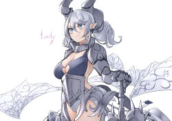 Rule 34 | 1girl, absurdres, armor, breasts, character name, cleavage, cowboy shot, demon girl, demon horns, demon wings, drill hair, duel monster, earrings, gauntlets, grey eyes, grey hair, highres, holding, holding sword, holding weapon, horns, jewelry, lady labrynth of the silver castle, large breasts, leotard, lovely labrynth of the silver castle, medium hair, meshida (lux-far-accelerator), pointy ears, simple background, solo, sword, transparent wings, twin drills, weapon, white background, white leotard, wings, yu-gi-oh!