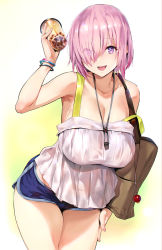 Rule 34 | 1girl, alternate costume, bag, bare shoulders, blue shorts, blush, breasts, bubble tea, camisole, cleavage, collarbone, cup, disposable cup, eyes visible through hair, fate/grand order, fate (series), hair over one eye, highres, holding, holding cup, kurowa, large breasts, light purple hair, looking at viewer, mash kyrielight, open mouth, purple eyes, short hair, short shorts, shorts, shoulder bag, smile, solo, thighs, white background, white camisole