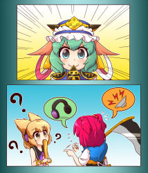 Rule 34 | 2koma, 3girls, ?, animal ears, blonde hair, blue eyes, comic, cosplay, covering own mouth, dress, earmuffs, epaulettes, expressive clothes, green hair, hair bobbles, hair ornament, hat, hat ribbon, highres, kasodani kyouko, looking at another, looking at viewer, multiple girls, onozuka komachi, pun, red hair, ribbon, ritual baton, rod of remorse, scythe, shiki eiki, shiki eiki (cosplay), short hair, sleeveless, sleeveless dress, smile, speech bubble, touhou, toyosatomimi no miko, twintails, two side up, wool (miwol), yellow eyes