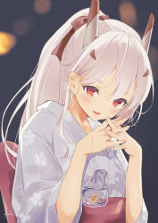 Rule 34 | 1girl, absurdres, alternate costume, ayanami (azur lane), azur lane, blurry, bow, commentary request, contemporary, depth of field, goldfish scooping, hair bow, hair ornament, hair ribbon, hairclip, own hands clasped, head down, headgear, highres, japanese clothes, kimono, kodama (koda mat), looking at viewer, obi, open mouth, orange eyes, own hands together, ponytail, ribbon, sash, short hair, silver hair, solo, summer festival, yukata