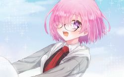 Rule 34 | 1girl, black-framed eyewear, black dress, blush, collared dress, commentary request, dress, fate/grand order, fate (series), glasses, grey jacket, hair over one eye, harukappa, highres, hood, hood down, hooded jacket, jacket, light purple hair, long sleeves, looking at viewer, mash kyrielight, necktie, one eye covered, open clothes, open jacket, open mouth, purple eyes, red necktie, short hair, smile, solo, teeth, tongue, upper body
