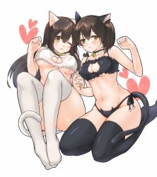 Rule 34 | 10s, 2girls, ;3, akagi (kancolle), alternate costume, animal ears, bell, black hair, black legwear, black panties, blush, breasts, brown eyes, brown hair, cat cutout, cat ear panties, cat ears, cat lingerie, cat tail, choker, cleavage, cleavage cutout, closed mouth, clothing cutout, covered erect nipples, frown, fukuroumori, groin, hair between eyes, hair ribbon, heart, highres, holding hands, interlocked fingers, jingle bell, kaga (kancolle), kantai collection, kemonomimi mode, long hair, looking at viewer, matching outfits, meme attire, multiple girls, navel, neck bell, no shoes, one eye closed, one side up, panties, paw pose, ribbon, side-tie panties, sitting, smile, stomach, tail, thighhighs, underboob, underbust, underwear, underwear only, white background, white legwear