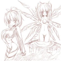 Rule 34 | bow, dama, long hair, monochrome, nude, ribbon, thigh gap, thighs, twintails, wings