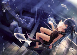 Rule 34 | 1girl, air bubble, alternate costume, animal, arm at side, bare arms, bare legs, bare shoulders, barefoot, black ribbon, blue eyes, blue hair, breasts, cleavage, closed mouth, collarbone, day, dress, fish, from above, glowing, hair over one eye, hair ribbon, hatsune miku, light rays, long hair, matching hair/eyes, musical note, no pupils, no socks, pillar, quaver, railing, ribbon, ruins, shinkai shoujo (vocaloid), sitting, sleeveless, sleeveless dress, small breasts, smile, solo, stairs, submerged, sunlight, text focus, underwater, very long hair, vocaloid, wangchuan de quanyan, water