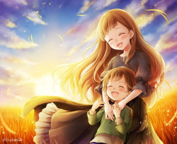 Rule 34 | 10s, 1boy, 1girl, :d, ariel (sayoasa), black dress, blush, cannan, child, closed eyes, cloud, commentary request, cowboy shot, dress, frilled skirt, frills, gradient sky, grass, green shirt, highres, laughing, leaning on person, light brown hair, light particles, long hair, long sleeves, maquia (sayoasa), mother and son, open mouth, outdoors, own hands together, puffy short sleeves, puffy sleeves, sayonara no asa ni yakusoku no hana wo kazarou, shirt, shirt under shirt, short hair, short sleeves, skirt, sky, smile, standing, sunset, twilight, twitter username, upper body, very long hair