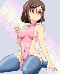 Rule 34 | 10s, 1girl, arm support, ass, bare shoulders, blue thighhighs, boots, breasts, brown eyes, brown hair, collarbone, commentary request, copyright name, covered erect nipples, fingernails, full body, glasses, gundam, gundam build fighters, hairband, highres, impossible clothes, kneeling, kousaka china, leotard, looking at viewer, medium breasts, navel, parted lips, red-framed eyewear, seiza, semi-rimless eyewear, sideboob, simple background, sitting, skin tight, skindentation, solo, thick thighs, thigh boots, thighhighs, thighs, tof, turtleneck