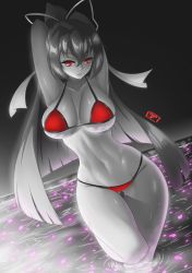 Rule 34 | 1girl, arms up, bikini, breasts, bursting breasts, cherry blossoms, curvy, highres, large breasts, long hair, monochrome, navel, red eyes, ribbon, slit pupils, solo, swimsuit, under night in-birth, vermillion dice, water, yuzuriha (under night in-birth)