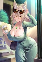 Rule 34 | 1girl, blonde hair, blush, breasts, cleavage, commission, covered navel, cup, dress, emanon123, eyewear on head, fox girl, fox tail, green dress, hand up, highres, holding, holding cup, jewelry, large breasts, long hair, long sleeves, looking at viewer, multiple tails, necklace, open mouth, original, outdoors, skeb commission, smile, solo, tail, yellow eyes