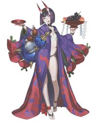 Rule 34 | 1girl, absurdres, alcohol, breasts, cup, fate/grand order, fate (series), highres, honjou raita, horns, japanese clothes, kimono, looking at viewer, navel, official art, oni, open mouth, purple eyes, purple hair, sake, short hair, shuten douji (fate), small breasts, smile, solo, toes