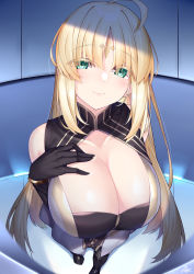 Rule 34 | 1girl, absurdres, ahoge, alternate breast size, artoria caster (fate), artoria caster (third ascension) (fate), artoria pendragon (fate), bare shoulders, black gloves, blonde hair, blush, breasts, capelet, cleavage, dress, elbow gloves, facial mark, fate/grand order, fate (series), forehead mark, gloves, green eyes, highres, large breasts, long hair, looking at viewer, smile, textless version, watosu, white capelet, white dress
