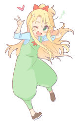 Rule 34 | 1girl, ;d, arm up, black footwear, blonde hair, blue shirt, blush, bow, commentary, full body, green eyes, hair between eyes, hair bow, heart, himesaka noa, jigatei (omijin), long hair, long sleeves, one eye closed, open mouth, ponytail, red bow, shirt, shoes, simple background, smile, solo, symbol-only commentary, translation request, very long hair, w, watashi ni tenshi ga maiorita!, white background