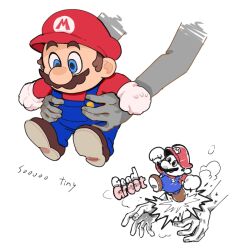 Rule 34 | 1boy, blue eyes, blue overalls, english text, facial hair, gloves, hat, highres, lifting person, male focus, mario, mario (series), mustache, nintendo, overalls, pye ji, red headwear, sound effects, super mario rpg, white background, white gloves