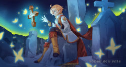 Rule 34 | 1boy, absurdres, ahoge, animal, aqua eyes, blonde hair, book, boots, broken, brown footwear, bug, butterfly, cleric, crack, cross, english text, fantasy, floating, floating object, gloves, glowing, glowing butterfly, graveyard, happy new year, highres, holding, holding book, bug, male focus, mc-sm, new year, open mouth, original, priest, sitting, solo, teeth, tombstone, upper teeth only, white gloves, yellow butterfly
