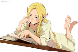 Rule 34 | absurdres, barefoot, blonde hair, blush, book, bright pupils, collarbone, cushion, dungeon meshi, elf, feet, green eyes, hagano yoshifumi, hair down, highres, long hair, lying, marcille donato, megami magazine, nose blush, official art, on stomach, open book, pajamas, pants, pointy ears, reading, shirt, simple background, smile, soles, very long hair, white background, white pupils, yellow pants, yellow shirt