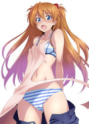 Rule 34 | 1girl, accidental exposure, apron, blue eyes, blush, bra, breasts, brown hair, cameltoe, cleft of venus, clothes pull, embarrassed, evangelion: 2.0 you can (not) advance, gluteal fold, hair ornament, highres, long hair, looking at viewer, nakahira guy, navel, neon genesis evangelion, panties, pants, pants falling, pants pull, rebuild of evangelion, small breasts, solo, souryuu asuka langley, striped clothes, striped panties, sweat, twintails, underwear, wardrobe malfunction