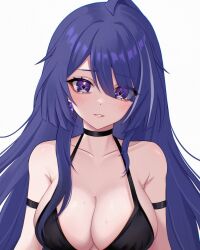 Rule 34 | 1girl, acheron (honkai: star rail), arm strap, armpit crease, bare shoulders, black choker, breasts, choker, cleavage, collarbone, commentary, criss-cross halter, diamond-shaped pupils, diamond (shape), dress, earrings, english commentary, eyes visible through hair, hair between eyes, hair over one eye, halterneck, highres, honkai: star rail, honkai (series), jewelry, large breasts, long hair, looking at viewer, multicolored hair, parted lips, purple eyes, purple hair, simple background, sleeveless, sleeveless dress, solo, streaked hair, sweat, symbol-shaped pupils, upper body, white background, zxcsque