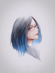 Rule 34 | absurdres, black hair, blue eyes, blue hair, cropped torso, from behind, glasses, gradient hair, grey background, highres, hyde (tabakko), kson, kson (person), looking at viewer, looking back, multicolored hair, portrait, real life, realistic, shirt, smile, solo, twitter username, virtual youtuber, vshojo, white shirt