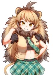 Rule 34 | 1girl, animal ear fluff, animal ears, bare arms, breasts, brown hair, brown vest, cape lion (kemono friends), cropped shirt, ev (kemomimizuku), eyelashes, fangs, fur collar, green necktie, green skirt, grey background, grin, hand in own hair, hand on own hip, hand up, head tilt, highres, kemono friends, large breasts, light brown hair, lion ears, lion girl, lion tail, long hair, looking at viewer, midriff, miniskirt, multicolored hair, navel, necktie, no bra, open clothes, open vest, plaid, plaid necktie, plaid skirt, shirt, short sleeves, simple background, skirt, smile, solo, stomach, tail, underboob, upper body, v-shaped eyebrows, very long hair, vest, yellow eyes