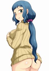 Rule 34 | 10s, 1girl, ass, blue hair, bottomless, breasts, gundam, gundam build fighters, highres, iori rinko, large breasts, mature female, ponytail, ribbed sweater, solo, sweater, tof