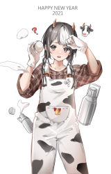 Rule 34 | 1girl, 2021, ?, animal print, black hair, blush, braid, brown shirt, chinese zodiac, commentary, cow, cow horns, cow print, english commentary, gloves, hair over shoulder, hands up, happy new year, highres, holding, horns, long hair, long sleeves, looking at viewer, milk, multicolored hair, new year, open mouth, original, overalls, plaid, plaid shirt, print overalls, rero (bigdoorbig2), shirt, simple background, solo, standing, sweat, teeth, twin braids, two-tone hair, upper teeth only, white background, white gloves, white hair, year of the ox