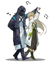 Rule 34 | 1girl, 1other, arknights, arm at side, arm up, beamed eighth notes, black coat, black gloves, black pants, brown footwear, brown skirt, coat, dancing, doctor (arknights), eighth note, full body, gloves, green shirt, highres, holding hands, hood, hooded coat, infection monitor (arknights), lab coat, laurel crown, laurels, light brown hair, long hair, long skirt, looking at another, looking back, mabing, mask, muelsyse (arknights), musical note, open mouth, orange eyes, oversized clothes, oversized shirt, pants, pointy ears, scene reference, shadow, shirt, simple background, skirt, smile, white background, white shirt