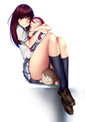 Rule 34 | 10s, 1girl, :&gt;, ;d, aida rikako, artist name, birthday, black socks, blue socks, blush, blush stickers, brown footwear, character doll, convenient censoring, eyebrows, full body, grey skirt, grin, happy birthday, highres, kneehighs, loafers, long hair, love live!, love live! sunshine!!, merchandise, neckerchief, o o, hugging object, one eye closed, open mouth, parted lips, pleated skirt, puffy short sleeves, puffy sleeves, purple hair, red eyes, sakurauchi riko, school uniform, serafuku, shoes, short sleeves, simple background, sitting, skirt, smile, socks, solo, tony guisado, voice actor, voice actor connection, watanabe you, white background
