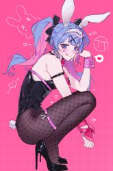 Rule 34 | 1girl, animal ears, black leotard, blue eyes, blue hair, blush, breasts, chouchou (austin), commentary, detached collar, fake animal ears, hatsune miku, heart, high heels, highres, leotard, licking lips, long hair, looking at viewer, medium breasts, pantyhose, playboy bunny, pure pure (rabbit hole), rabbit ears, rabbit hole (vocaloid), smile, solo, spoken heart, squatting, tongue, tongue out, twintails, vocaloid