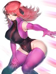 Rule 34 | 1girl, ass, breasts, brown eyes, character request, covered erect nipples, curvy, elbow gloves, fumio (rsqkr), gloves, highleg, highleg leotard, highres, katori youko, large breasts, leotard, long hair, looking at viewer, open mouth, purple thighhighs, red hair, simple background, solo, thighhighs, world trigger