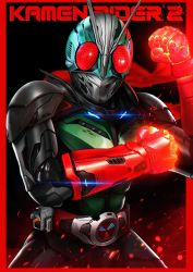 Rule 34 | 1boy, absurdres, antennae, belt, black background, bug, clenched hands, gloves, glowing, glowing eyes, grasshopper, highres, insect, kamen rider, kamen rider (1st series), kamen rider 2, keen fai, male focus, red eyes, red gloves, scarf, sketch, solo, stylistic, tokusatsu