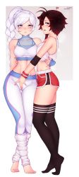 Rule 34 | 2girls, :d, absurdres, ass, bare shoulders, barefoot, black hair, black legwear, blue eyes, bluefield, blush, braid, braided ponytail, breasts, cameltoe, cleft of venus, fingering, fingering through clothes, gluteal fold, groin, highres, loose socks, midriff, multiple girls, navel, open mouth, ponytail, ruby rose, rwby, scar, scar across eye, scar on face, short hair, shorts, smile, socks, sweat, thighhighs, through clothes, tiptoes, weiss schnee, white hair, white legwear, wristband, yuri