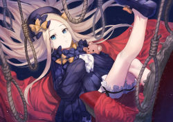 Rule 34 | 1girl, abigail williams (fate), black bow, black dress, black footwear, blonde hair, bloomers, blue eyes, bow, dress, fate/grand order, fate (series), frills, full body, hair bow, hands in opposite sleeves, hat, heri (sniper579), leg up, long hair, long sleeves, looking at viewer, lying, mary janes, noose, on back, orange bow, shoes, solo, stuffed animal, stuffed toy, teddy bear, too many bows, underwear