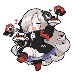 Rule 34 | 1girl, akichi 360, asymmetrical footwear, asymmetrical legwear, asymmetrical sleeves, black coat, blush stickers, boots, chibi, closed eyes, coat, creature, drooling, familiar, flower, food, fork, gloves, grey hair, hair flower, hair ornament, hair over one eye, heart, highres, holding, holding plate, isekai joucho, kamitsubaki studio, ketchup, leg up, long hair, multicolored hair, open mouth, pasta, plate, red hair, shorts, simple background, single glove, solo, standing, standing on one leg, two-tone hair, uneven legwear, virtual youtuber, white background, white shorts