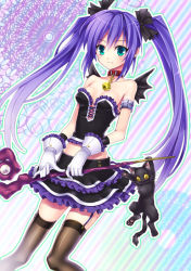 Rule 34 | 1girl, aqua eyes, armlet, bare shoulders, bat wings, bell, black thighhighs, blush, bow, cat, collar, collarbone, dress, frilled dress, frilled skirt, frills, garter straps, gloves, hair bow, hino (mooncalf+t), magical girl, neck bell, original, purple hair, skirt, smile, solo, staff, thighhighs, twintails, white gloves, wings