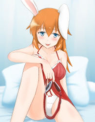 Rule 34 | 1girl, absurdres, animal ears, bed, blue eyes, blush, bow, bow panties, bra, breasts, cameltoe, charlotte e. yeager, cleavage, collarbone, crotch seam, goggles, highres, kukoroko, large breasts, lingerie, long hair, looking at viewer, negligee, on bed, orange hair, panties, rabbit ears, rabbit girl, smile, solo, strike witches, tongue, tongue out, underwear, white bra, white panties, world witches series